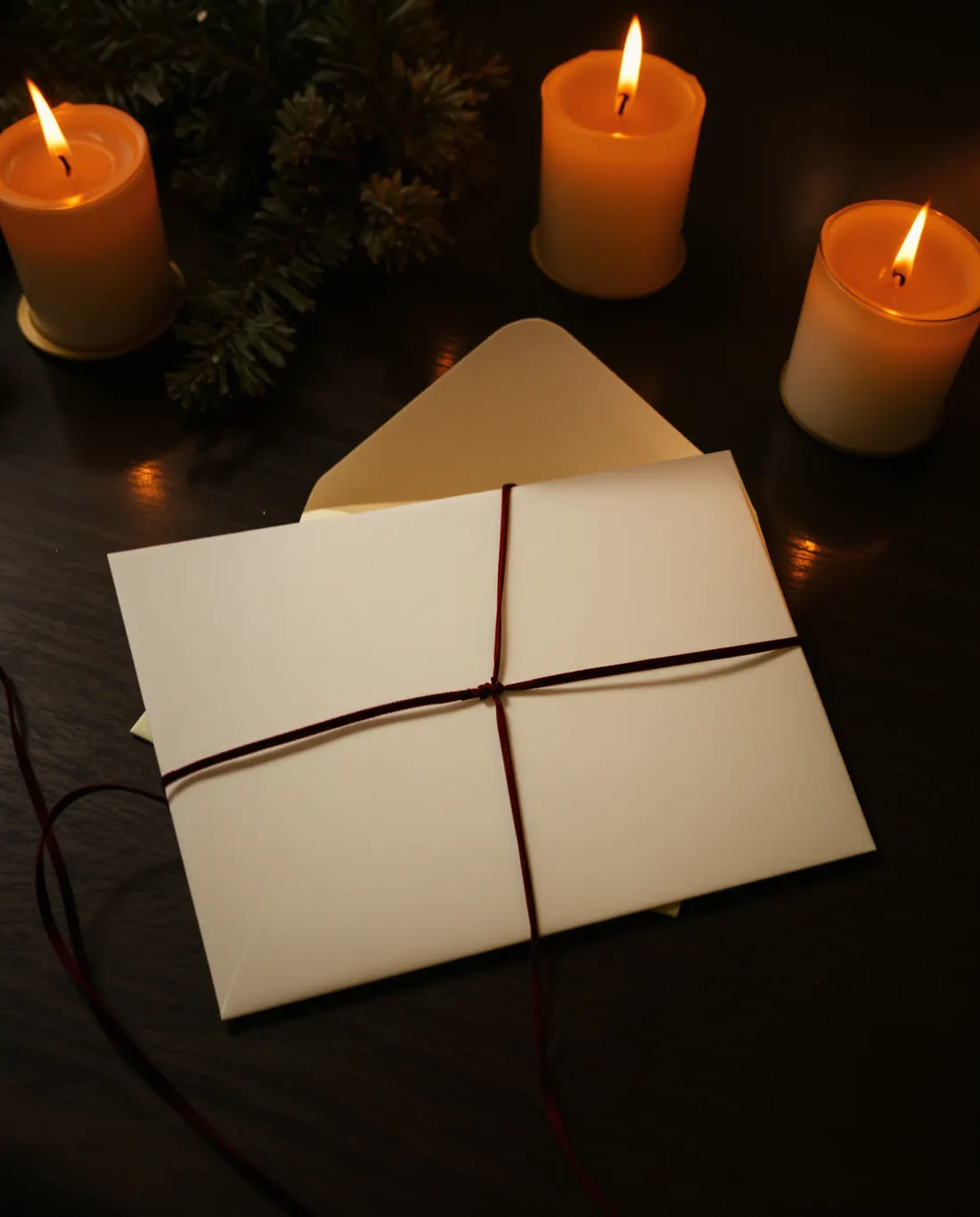 Ein Candlelight-Konzert verschenken: Umschlag mit roter Schleife neben brennenden Kerzen